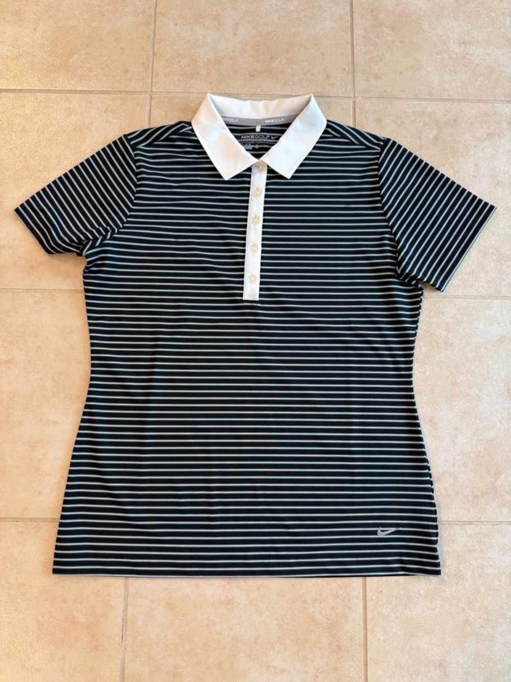 Nike Size M Women’s Golf Polo Tour Performance Dri-Fit Black & White Striped Top